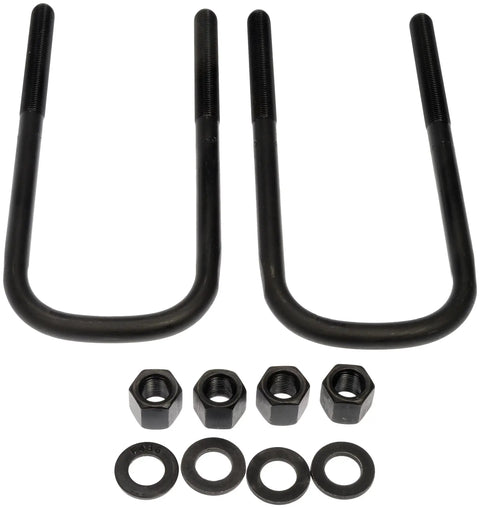 Ford Front Leaf Spring Axle U-Bolt Kit With Beefy Hardware shown with U-bolts, nuts, and washers for Ford models.