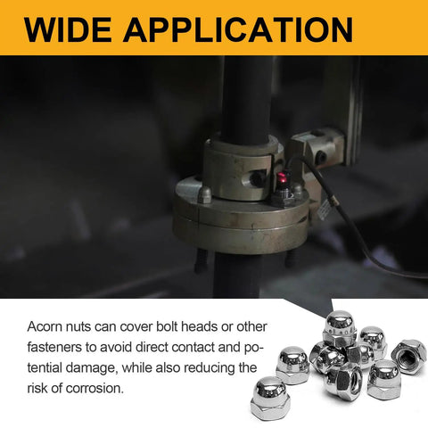 Acorn Nut Kit 70 Piece Stainless Steel Dome Head Hex Cap Nuts set in use on industrial machinery