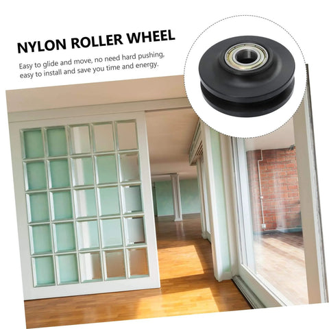 Heavy Duty Barn Door Roller Wheel Nylon Pulley For Smooth Sliding And Easy Install shown next to door view