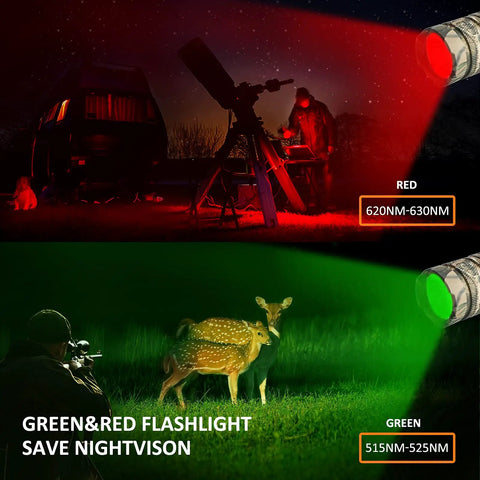 Rechargeable 1800 Lumen Twist Flashlight With 3 Color Modes White Green Red, Adjustable 90 Degree Beam lighting up outdoors