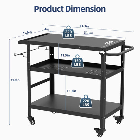 Outdoor Grill Cart And Prep Table For Patio 31.5 By 17.7 Inch Rolling BBQ Station with three shelves and lockable wheels