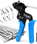 Beefy Heavy Duty Stainless Steel Zip Ties 100 Pack with 10.6 Inch Length, Cable Tie Gun, and Remover Tool Kit displayed on white background