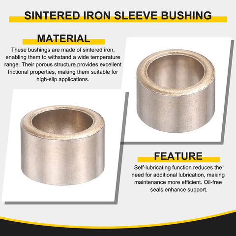 Sintered iron sleeve bearing highlighting material and feature for Eight Piece Smooth Operator Self Lubricating Sintered Iron Sleeve Bearings Eight Mm Bore By Twelve Mm Outer Diameter By Eight Mm Length For Quick Motorbike Fixes And Daily Garage Jobs.