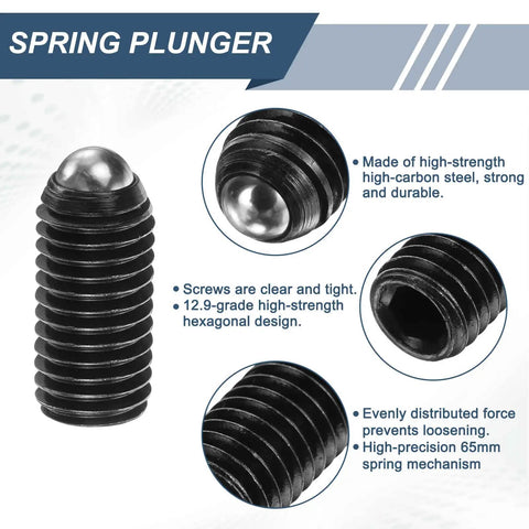 5 Pack M12 x 25mm Screw Thread Ball Plungers With Hex Socket, Pro Grade, Heavy Duty High Carbon Steel Spring Ball Plungers For Lubrication And Pneumatic Tools, Black Finish, 6mm Ball, 30-80N Load black steel spring plunger close-up
