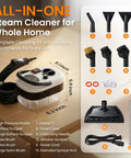 Easywox 2500w Handheld Steam Cleaner Gun With 40.6oz Tank showcasing attachments on a wooden table with dimensions.
