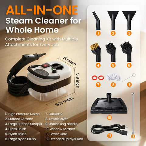 Heavy Duty Handheld Steam Cleaner That Really Gets After Stubborn Grease With 2500W Heat And High Pressure Output Portable Auto Detailing Rig with accessories on a table.
