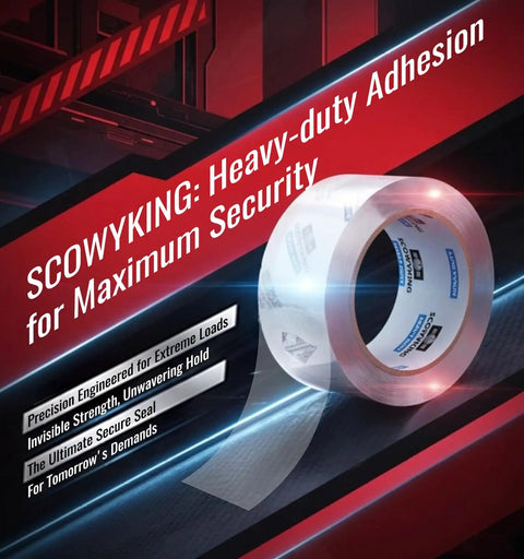 Roll of heavy-duty clear packing tape emphasizing strength and adhesion, with bold text background.