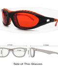 Laser Safety Glasses 180 Nm To 540 Nm OD Six Plus Protective Eyewear with red lens and black frame, size diagram