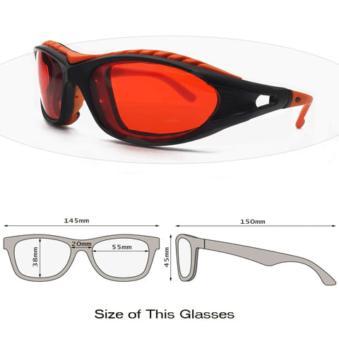 Laser Safety Glasses 180 Nm To 540 Nm OD Six Plus Protective Eyewear with red lens and black frame, size diagram
