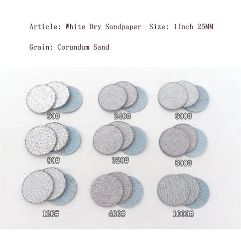 Kick Up Some Dust With These 1 Inch White Dry Sanding Discs Featuring Hook And Loop Backing For Easy Swapping Across 50 Pieces Ranging From 60 Grit Rough Grinding To 1000 Grit Smooth Finishing Perfect For Any DIY Or Pro Project Needing Serious Grip And, showing assorted grit levels 60 to 1000.