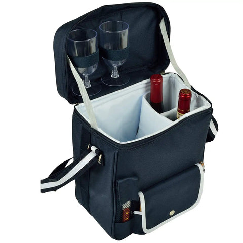 Grab The Goods Personalized Wine And Cheese Cooler Tote With Chill Insulation, two bottles and acrylic glasses visible.