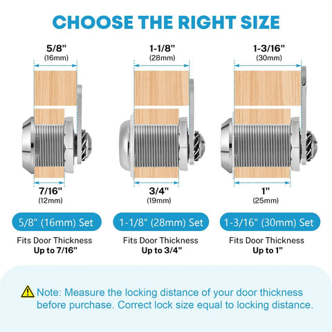 Diagram showing Three Cabinet Cam Lock sizes for Five Eighth Inch Cabinet Cam Lock Set Keyed Alike Five Pack Cylinder Locks