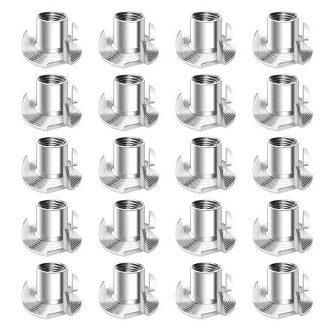 Heavy Duty Four Pronged T Nuts for Wood Furniture Assembly, Secure Threaded Insert Nuts for Strong Fastening, 20 steel pieces