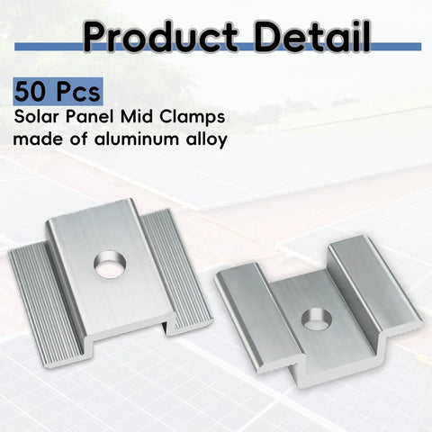 50 Pcs Aluminum Solar Panel Mid Clamps 1.06 Inch For Roof Mounts, Silver Bulk Kit displaying two aluminum clamps
