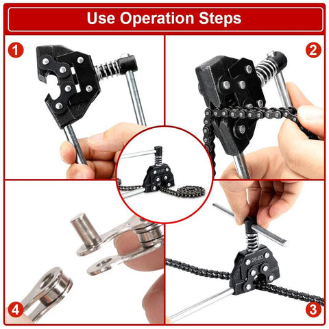 Detacher breaker cutter for #25–60 roller chains, black metal; collage shows front, side, close-up, and installed views.