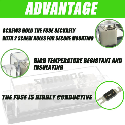 0 2 4 Gauge AWG Inline ANL Fuse Holder With 500 Amp Fuse Easy Install No Terminals Needed Transparent Cover Shows Status Beefy Zinc Alloy Blade Fuse For Strong Conductivity Heat Resistant Auto Audio Power System, clear cover and 500A fuse