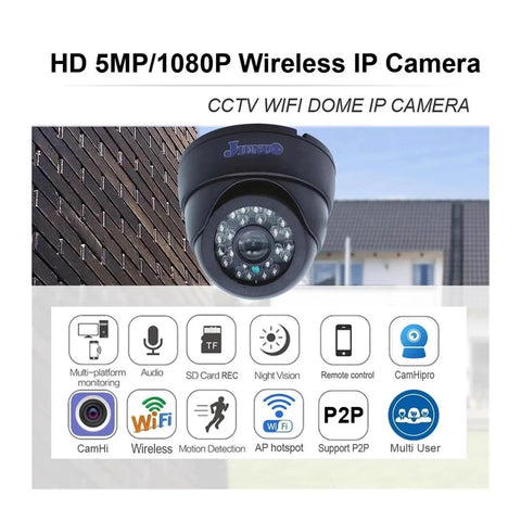5MP Bullet WiFi IP Security Camera With Motion Alert And Remote Access For Foolproof Home Surveillance Featuring Built In Mic Two Way Audio And Micro SD Support mounted outdoors near a building.