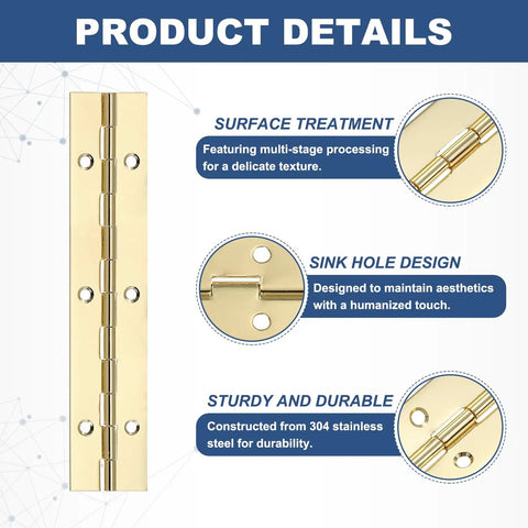 Kickin Heavy Duty 6 Pack 304 Stainless Steel Piano Hinges Gold Finish 1 2 By 6 Inch Seamless Continuous Hinge design features.