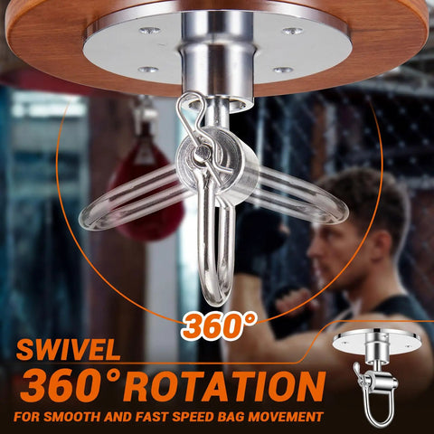 Two Pack Speed Bag Swivel Kit Stainless Steel 360 Degree Ball Bearing Speed Bag Mount With Screws For Home Gym Boxing Studio Punching Bag Stand Heavy Duty Professional Grade Universal Fit, stainless swivel mounted under platform