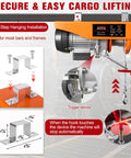 Front view of orange electric hoist with remote control, 510W winch and zinc-plated steel wire with hook