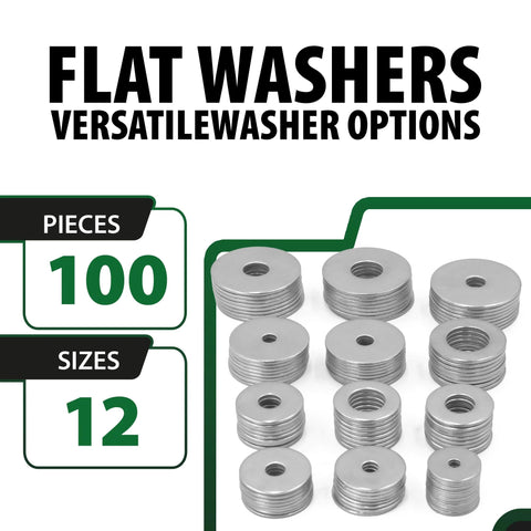 Front view of 100 stainless steel flat washers in 12 sizes (M3–M12) for screws.