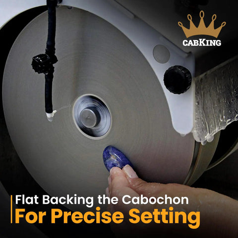 Cabbing Machine for Gemstone Polishing and Cabochon Making, 8-Inch Diamond Wheel in use, smoothing gemstone with water flow.