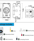 Heavy Duty Solar Disconnect Switch Two Pole DC 1500 Volt 32 Amp Breaker schematic with dimensions and components included.