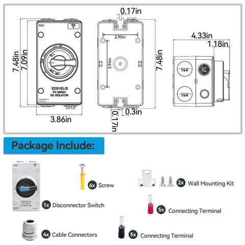 Heavy Duty Solar Disconnect Switch Two Pole DC 1500 Volt 32 Amp Breaker schematic with dimensions and components included.