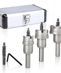 EZARC carbide hole saw kit, 3-piece set with carbide-tipped hole saws and pilot drill bits in a metal case
