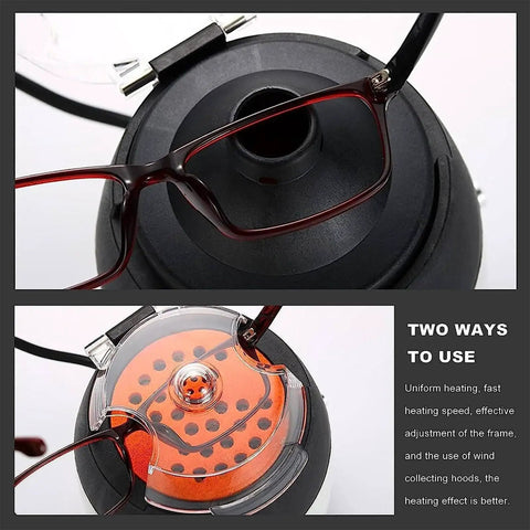 Heavy Duty Eyeglass Frame Warmer Hot Air Heater For Spectacles With Adjustable Temperature 75 To 150 Celsius, close-up showing heating element and glasses.