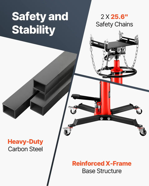 Half Ton Hydraulic Transmission Jack With 1100 Lb Capacity, 33.5 To 67 Inch Lift Range, 2 Stage Telescoping Design, Foot Pedal Release, 360 Degree Swivel Wheels, Car And Light Truck Transmission Lift, Red