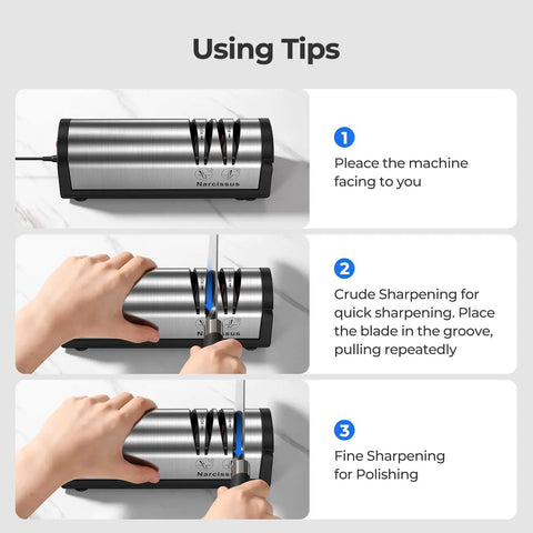 Illustration showing how to use Fast 2 Stage Electric Knife Sharpener For Home Kitchen, with hand sharpening a knife in two stages.