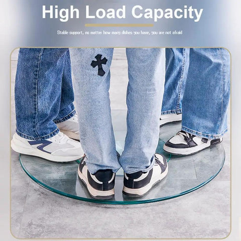 Large 43 Inch Lazy Susan Tempered Glass Turntable For Dining Table with people standing on it, showcasing high load capacity.