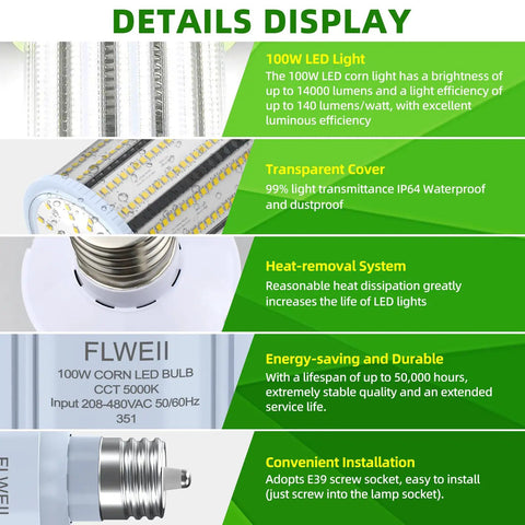 Details display of Beast Bright LED Corn Light Bulb 100W Equivalent 14000 Lumens 5000K Daylight E39 Mogul Base 208-480V