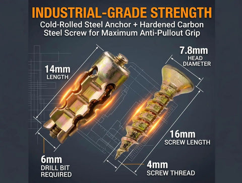 Hinge Repair Screw And Expansion Anchor Kit For Wood And Tile, 100 Or 200 Piece Set showing 6x14mm steel anchor and screw dimensions.