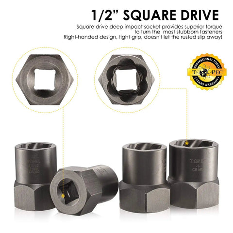Five Piece Heavy Duty Bolt Remover Set With One Half Inch Drive Impact Extractors for Stripped Damaged Bolts 42CrMo Steel