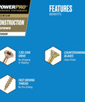 Interior Wood Screws Size Eight By One And Quarter Inches, Star Drive Flat Head Fasteners, features and benefits overview.