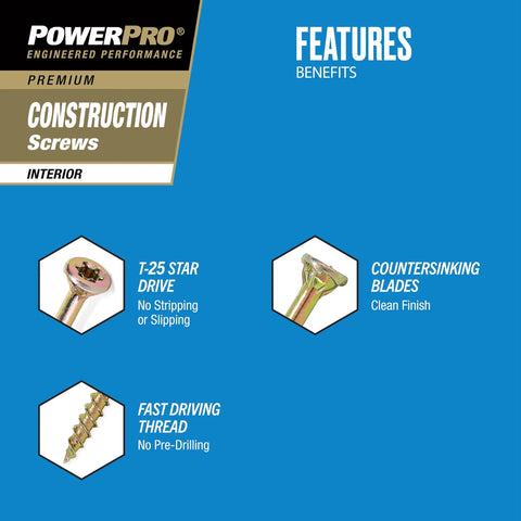 Features and benefits of PowerPro Premium Construction Screws, highlighting T-25 star drive and countersinking blades.