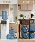Comparison of 5 Gallon Water Jug Holder with 4 Slots, Drawers and Wood Shelves before and after use in kitchen setting.