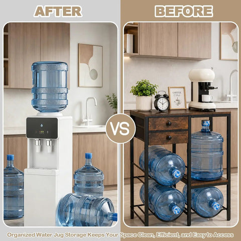 Comparison of 5 Gallon Water Jug Holder with 4 Slots, Drawers and Wood Shelves before and after use in kitchen setting.