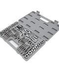 Brilluxa 40Pc Heavy Duty Tap And Die Set With M3 To M12 Alloy Steel Threading Tools For Cutting UNC UNF NPT Threads On Bolts Screws And Fasteners Repairing Damaged Metal Parts Like A Boss In Your Garage Or Professional Shop. open case with taps, dies, and handles