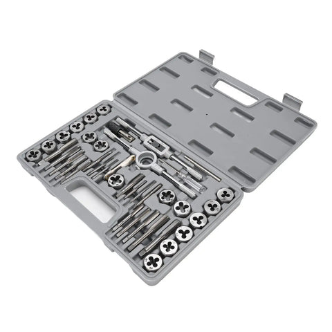 Brilluxa 40Pc Heavy Duty Tap And Die Set With M3 To M12 Alloy Steel Threading Tools For Cutting UNC UNF NPT Threads On Bolts Screws And Fasteners Repairing Damaged Metal Parts Like A Boss In Your Garage Or Professional Shop. open case with taps, dies, and handles