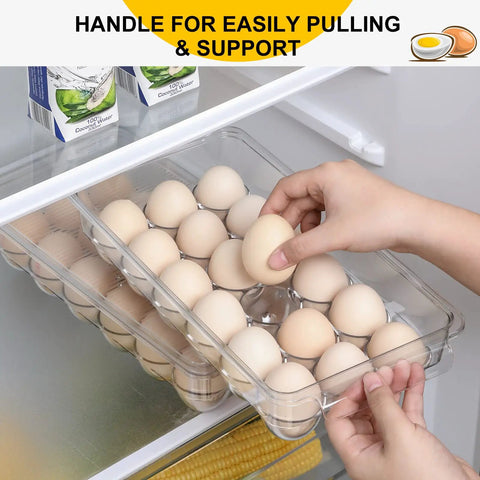 Person using a 2 Pack Stackable 18 Egg Holder For Refrigerator With Lids Premium Thick Clear Fridge Egg Organizer Bins Food Grade Plastic