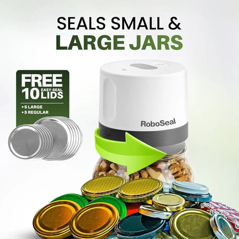 Cordless Mason Jar Vacuum Sealer With 10 Lids One Touch Auto Stop on jar, showing lids for regular and wide mouth jars.