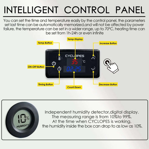 Intelligent control panel of Filament Dryer And Dry Box For 3D Printers With Fan, displaying temperature and humidity settings.