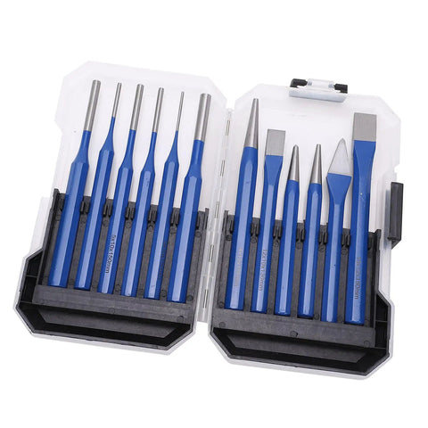 Professional Heavy Duty 12 Piece Chisel Punch Kit Perfect For Metalworking Wood Carving And Construction Projects Made With High Quality Chrome Vanadium Steel Blue Plastic Storage Box Included, open case with blue handles