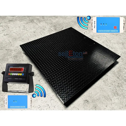 Straight Shooting Heavy Duty Wireless Industrial Floor Scale With NTEP Certification And Built Tough Mild Steel Platform Boasting Crisp LED Display For Hassle Free 48 By 72 Inch Warehouse Weighing Up To Ten Thousand Pounds, showing scale platform and LED display.
