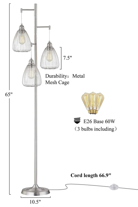 Industrial Rustic Floor Lamp With Three Teardrop Cage Shades Tall Modern Standing Light For Living Room And Home Office 65in tall