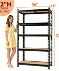 Heavy Duty 5 Tier Adjustable Storage Shelves Rack Holds Up To 3000 Lbs For Garage Kitchen Basement Pantry Or Warehouse Durable Metal Shelving With Solid Wooden Boards 72 In High 36 In Wide 16 In Deep Black, 72x36x16 in