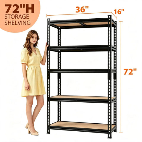 Heavy Duty 5 Tier Adjustable Storage Shelves Rack Holds Up To 3000 Lbs For Garage Kitchen Basement Pantry Or Warehouse Durable Metal Shelving With Solid Wooden Boards 72 In High 36 In Wide 16 In Deep Black, 72x36x16 in